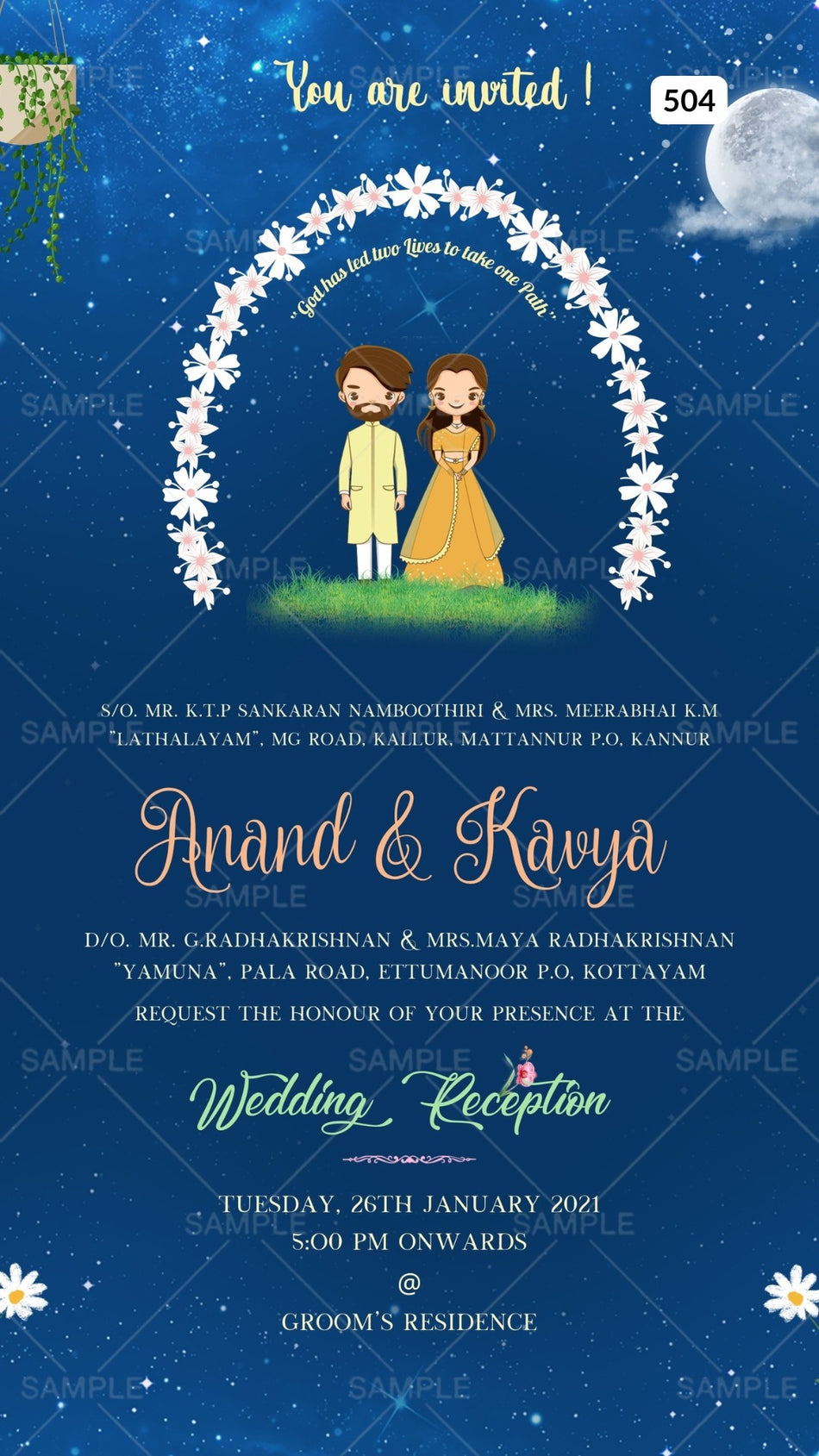 Wedding ceremony invitation card Canva Editable Template of hindu south indian malayali family in english language with Minimalistic theme design 504