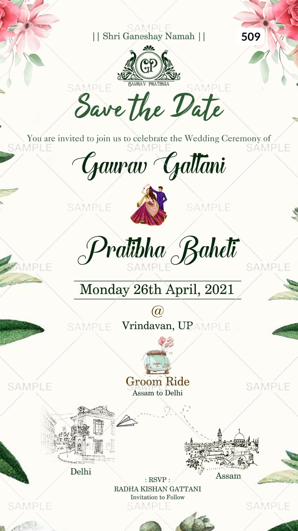 Save the Date card Canva Editable Template in english language with romantic couple doodle, couple logo as floral theme design 509