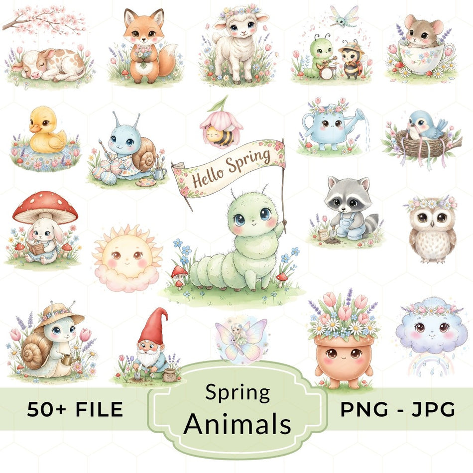 50SpringAnimalsClipartBundleCuteWatercolorPNG