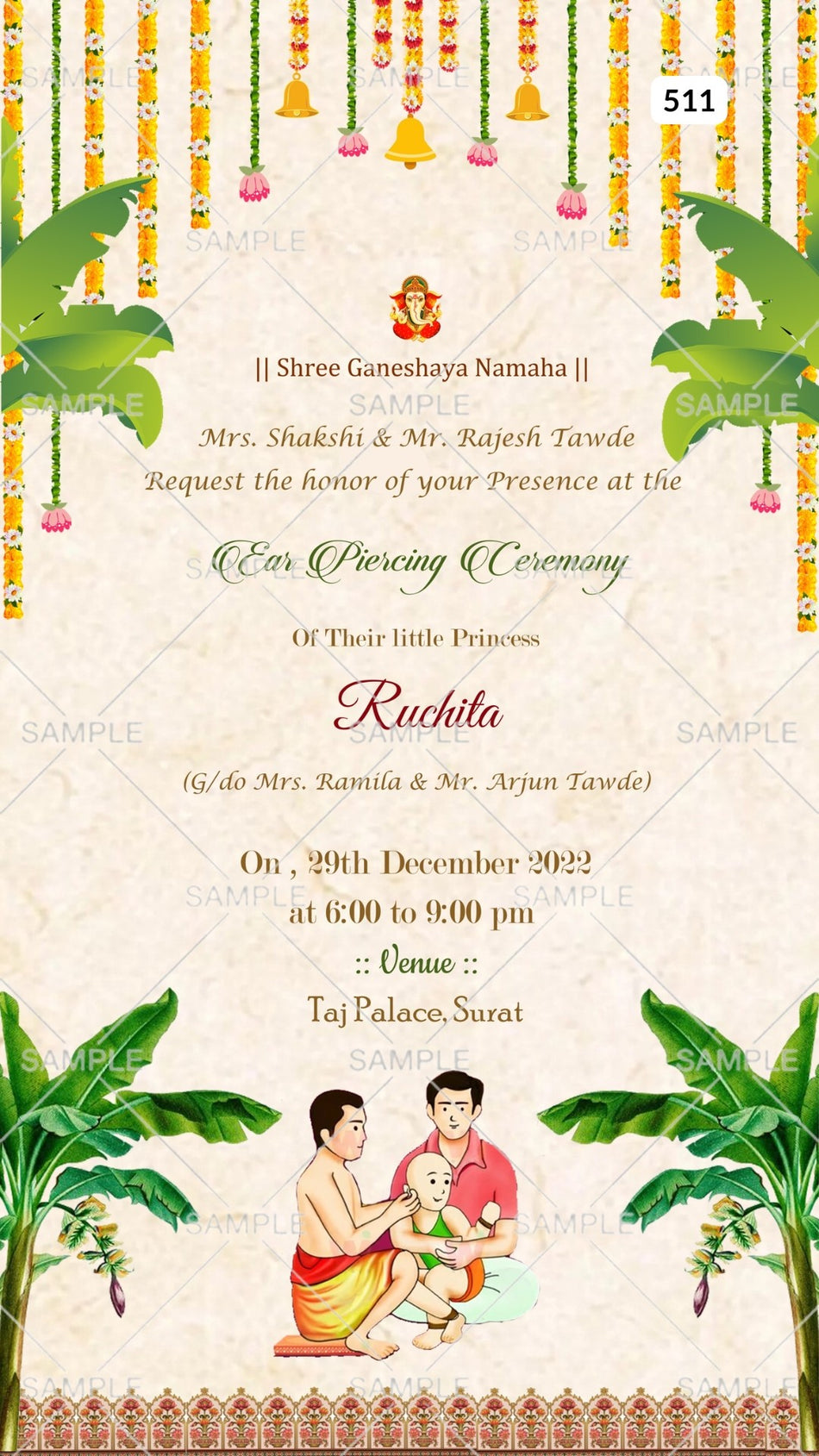 Ear Piercing ceremony invitation card Canva Editable Template in english language with banana leaves, garland as traditional theme design 511