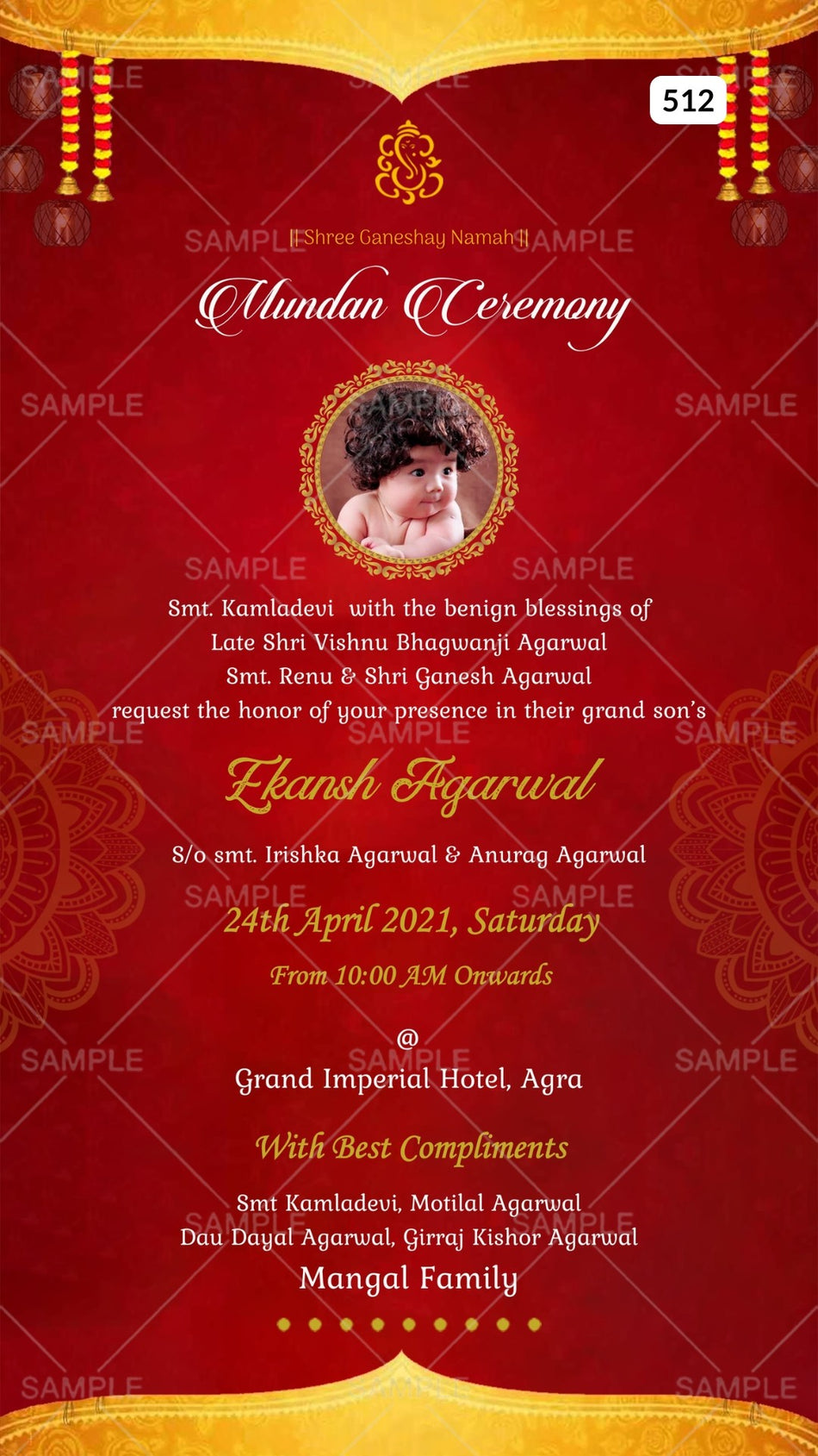 Mundan Ceremony invitation card Canva Editable Template in english language with baby photo, mandala, flower, as traditional theme design 512