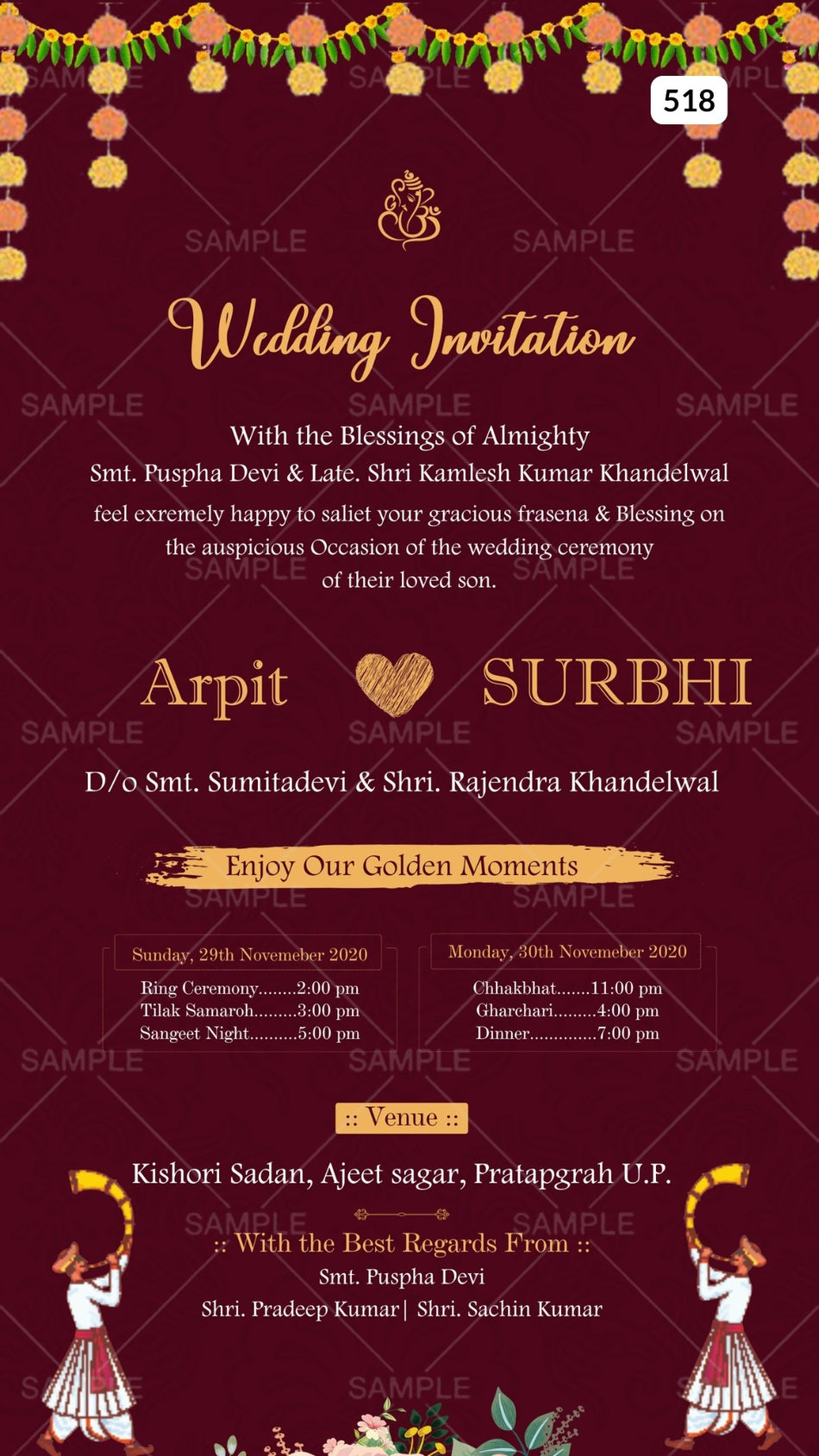 Wedding ceremony invitation card Canva Editable Template of hindu north indian bhojpuri family in english language with  Minimalistic theme design 518