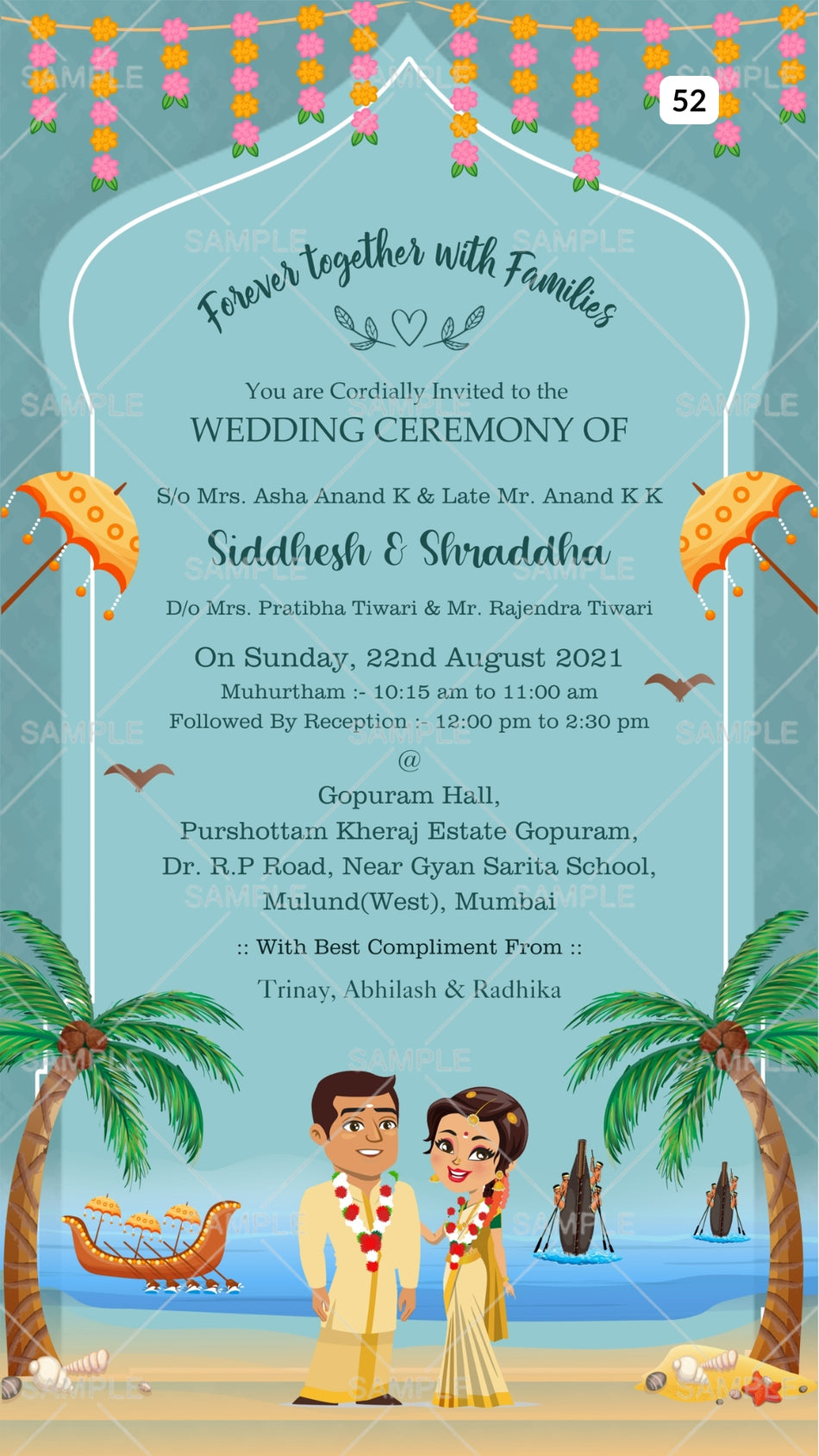 Wedding ceremony invitation card Canva Editable Template of hindu maharashtrian marathi family in english language with beach theme design 52