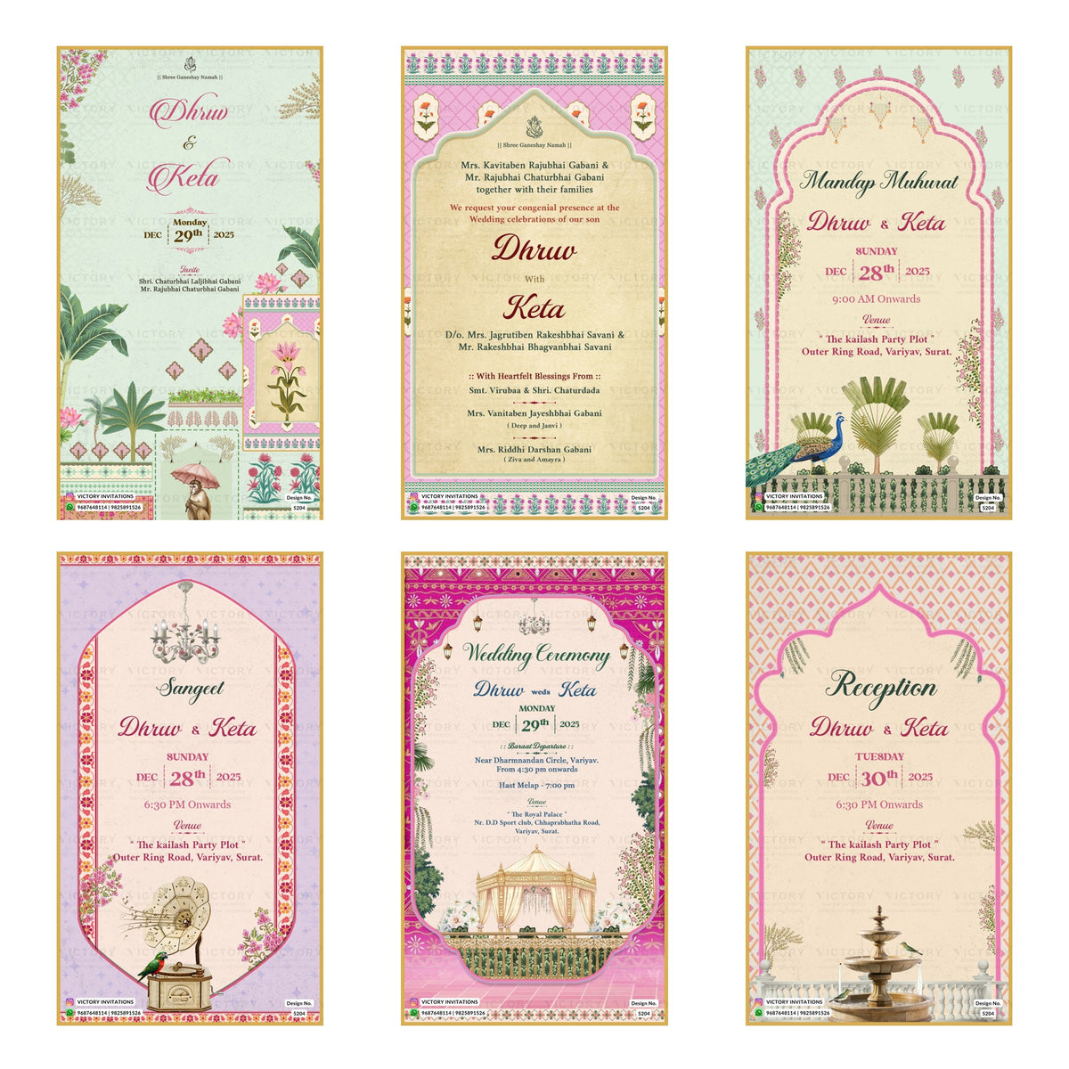 A 6-card digital Indian wedding invitation set featuring Mughal miniature art panels, archway frames, peacocks, floral borders, and event cards for Mandap Muhurat, Sangeet, Wedding Ceremony, and Reception.