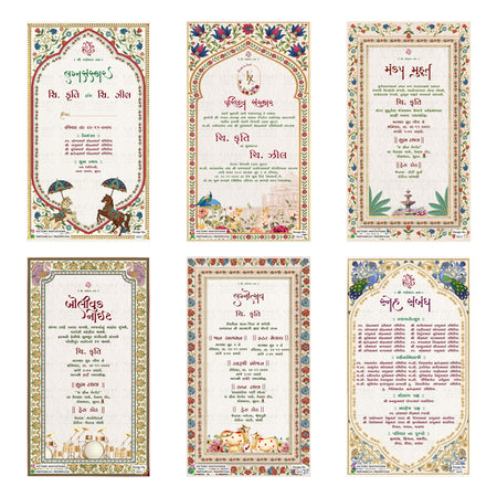 Six traditional Tibetan wedding invitation cards arranged in a 2x3 grid on a white background. Each card features intricate hand-painted style borders with floral motifs, Tibetan script, and traditional illustrations such as a horse, deer, and musical instruments.