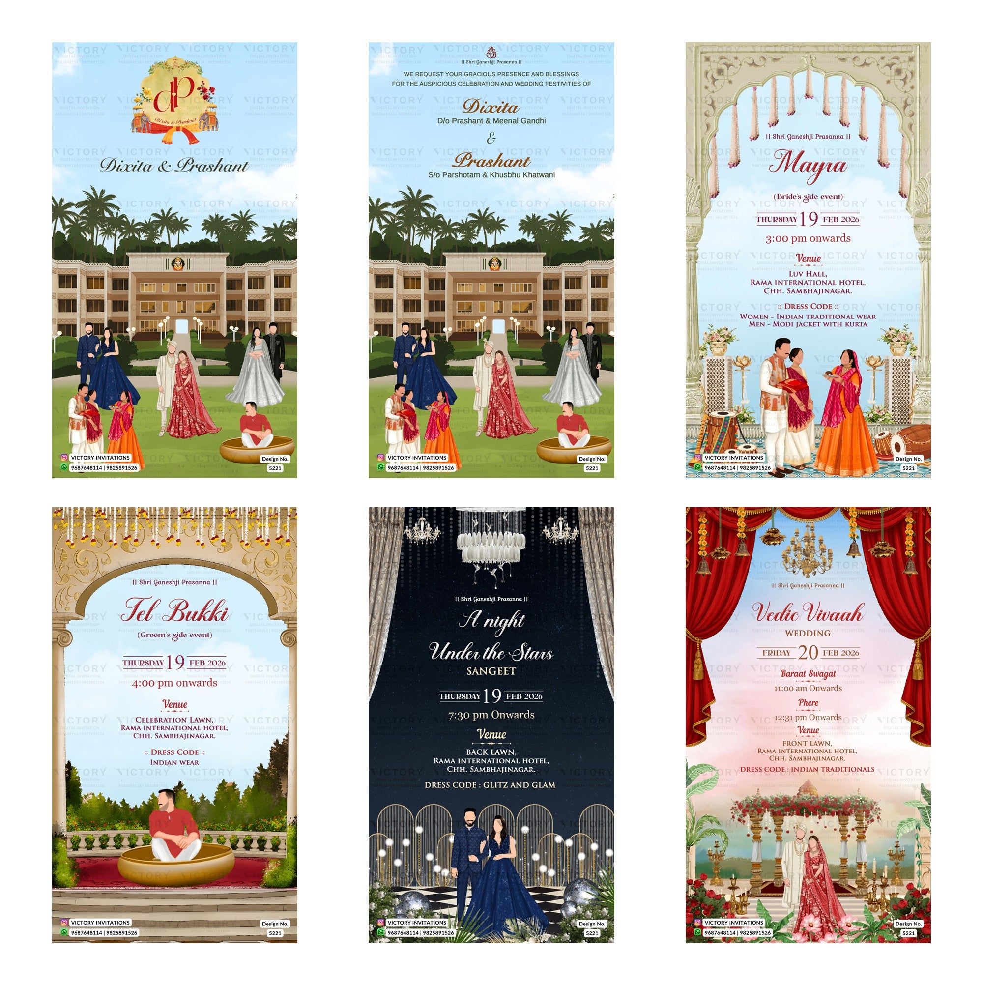Six traditional Indian wedding invitation card designs arranged in a 2x3 grid, featuring architectural backgrounds, festive illustrations, and event details like 'Sneha & Prashant', 'Maya', and 'Tel Bahadur'.
