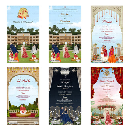 Six traditional Indian wedding invitation card designs arranged in a 2x3 grid, featuring architectural backgrounds, festive illustrations, and event details like 'Sneha & Prashant', 'Maya', and 'Tel Bahadur'.