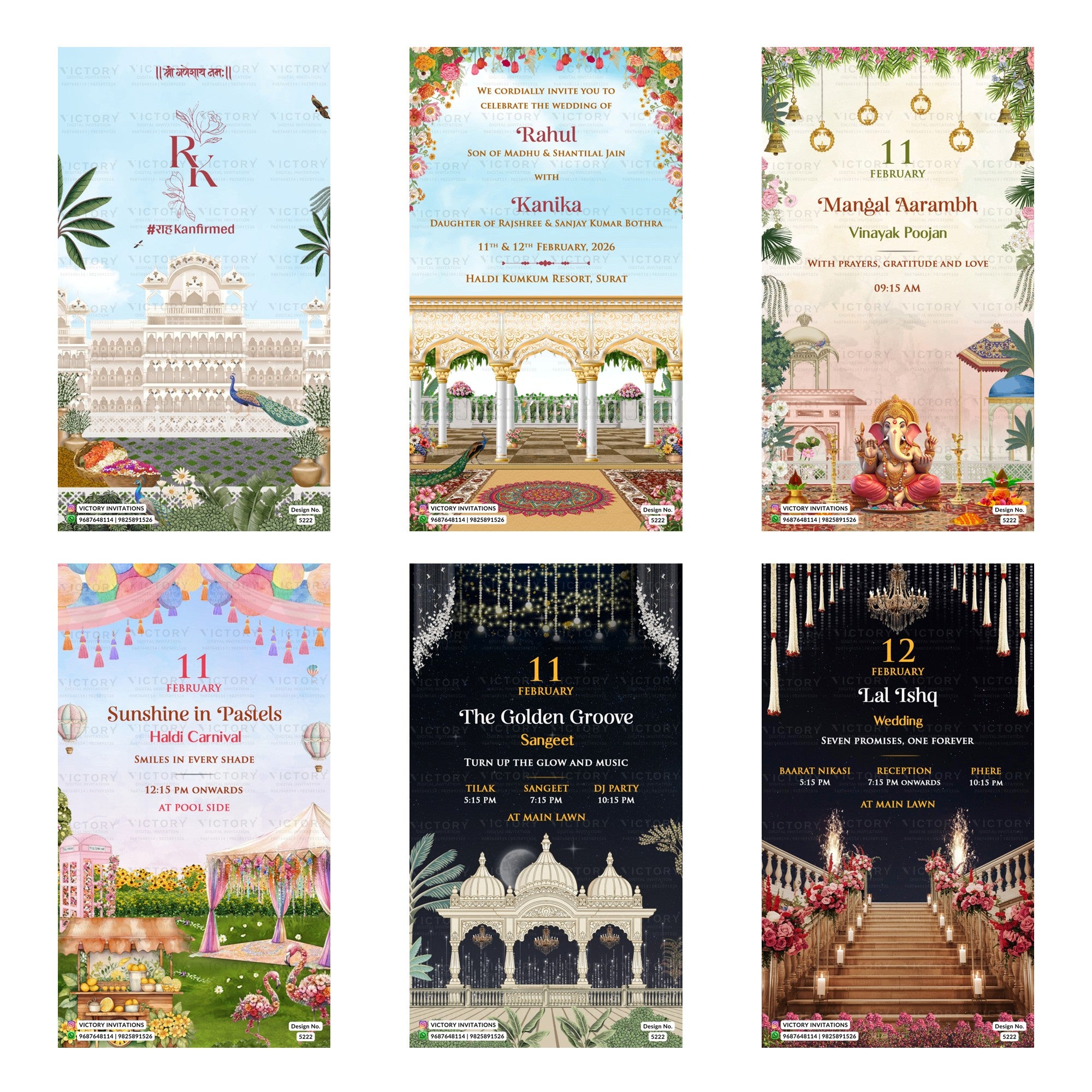 A 6-card digital Indian wedding invitation set featuring regal palace arches, peacock artwork, Ganesha shrine, pool party decor, and event cards for Mangal Aarambh, Haldi Carnival, Sangeet, and Wedding.
