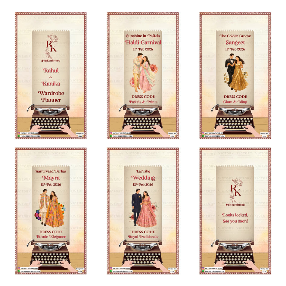 A 6-card digital wedding wardrobe planner and itinerary set featuring a retro typewriter aesthetic, custom RK monogram logo, hands typing on paper, dress code prompts, and illustrated outfits for Haldi, Sangeet, Mayra, and Wedding functions.
