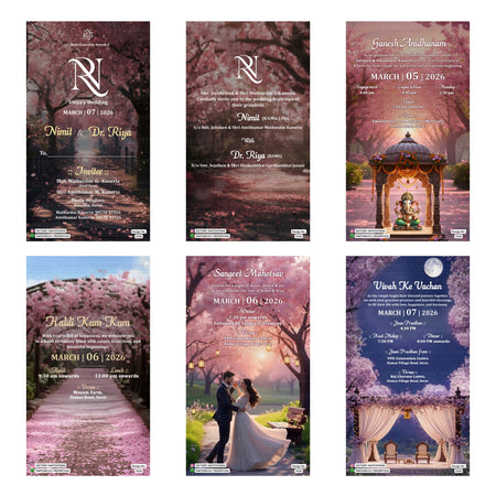 A 6-card digital Indian wedding invitation set featuring elegant monogram initials, Lord Ganesha shrine artwork, cherry blossom trees, night sky backdrops, and event cards for Ganesh Aradhanak, Haldi, Sangeet, and Vivah.