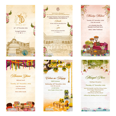Six Indian wedding invitation card designs arranged in a 2x3 grid on a white background. The cards feature traditional motifs including peacocks, floral borders, and illustrations of wedding elements like a durai, kolam, and wedding chairs in warm beige, gold, pink, and orange tones.