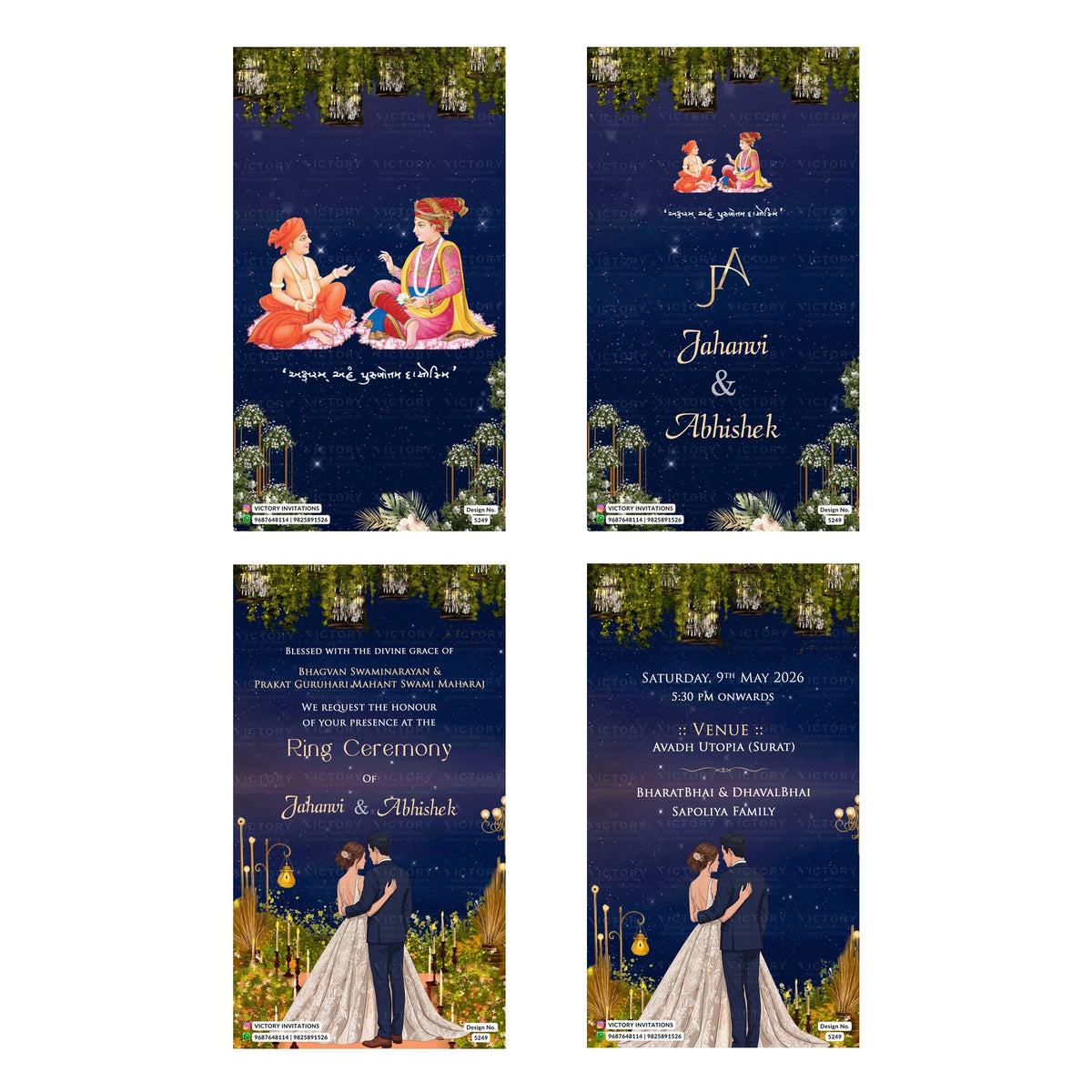 Traditional Gujarati Ring Ceremony and digital invitation card set 5047 featuring Jahnavi and Abhishek, set against a starry blue night background with elegant floral and lighting details.