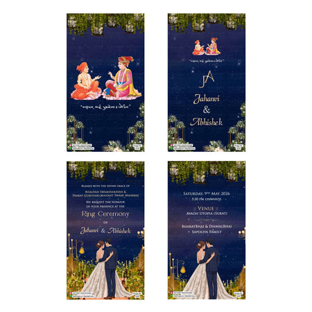 Traditional Gujarati Ring Ceremony and digital invitation card set 5047 featuring Jahnavi and Abhishek, set against a starry blue night background with elegant floral and lighting details.