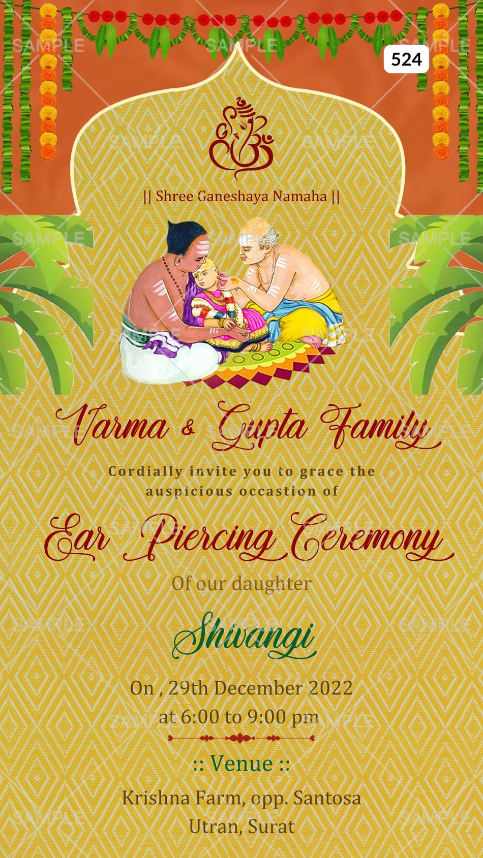 Ear Piercing ceremony invitation card Canva Editable Template in english language with banana leaves, garland as arch frame theme design 524