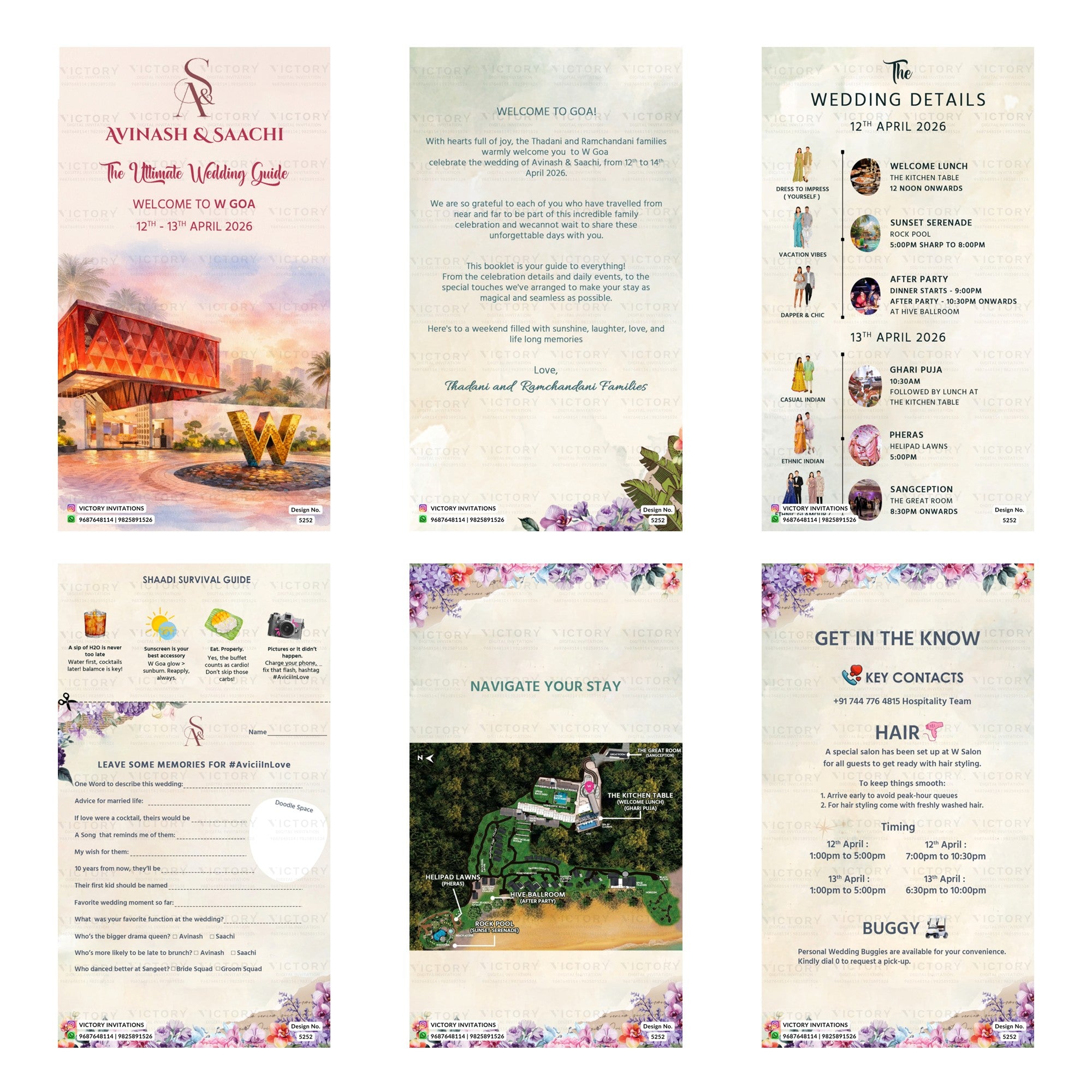 Indian destination wedding digital invitation and itinerary card set 5252 featuring Avinash and Saachi, The Ultimate Wedding Guide, Welcome to W Goa, Wedding Details, and Shaadi Survival Guide templates.
