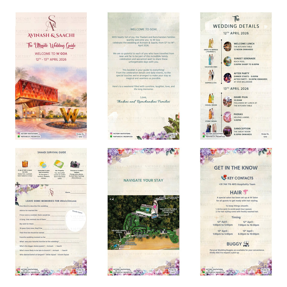 A 6-card digital Goa destination wedding guide set for Avinash and Saachi featuring resort views, welcome notes, dress code itineraries, guest activity cards, venue maps, and key contact details.