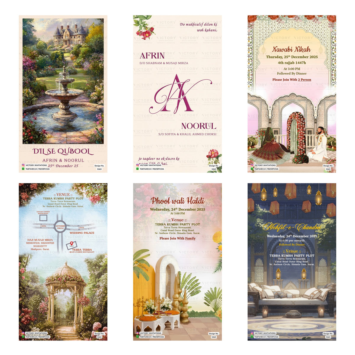 A 6-card digital Muslim wedding invitation set featuring heritage palace architecture, romantic couple artwork, floral monograms, venue map, and event cards for Nawabi Nikah, Phool Wali Haldi, and Mehfil-e-Chandni.