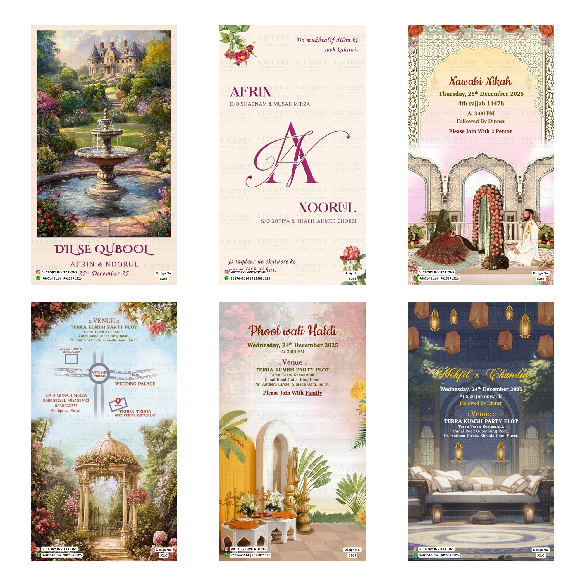 A 6-card digital Muslim wedding invitation set featuring heritage palace architecture, romantic couple artwork, floral monograms, venue map, and event cards for Nawabi Nikah, Phool Wali Haldi, and Mehfil-e-Chandni.