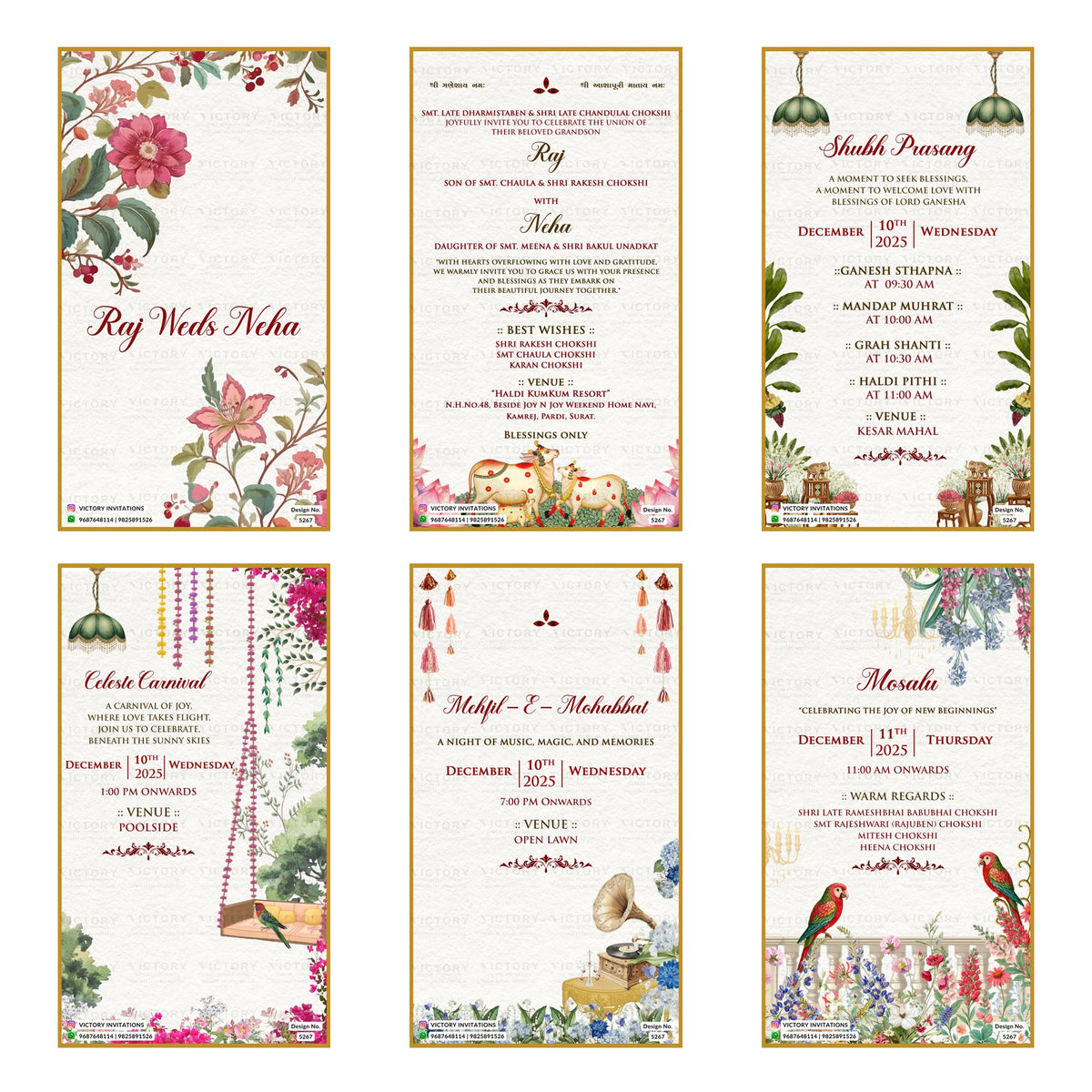 A 6-card digital Indian wedding invitation set featuring floral botanical illustrations, traditional tassels, parrots, and event cards for Shubh Prasang, Celeste Carnival, Mehfil-E-Mohabbat, and Mosalu.