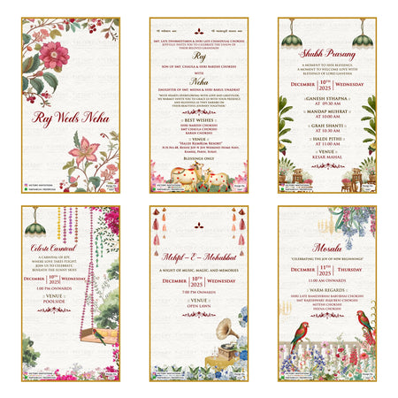 A 6-card digital Indian wedding invitation set featuring floral botanical illustrations, traditional tassels, parrots, and event cards for Shubh Prasang, Celeste Carnival, Mehfil-E-Mohabbat, and Mosalu.