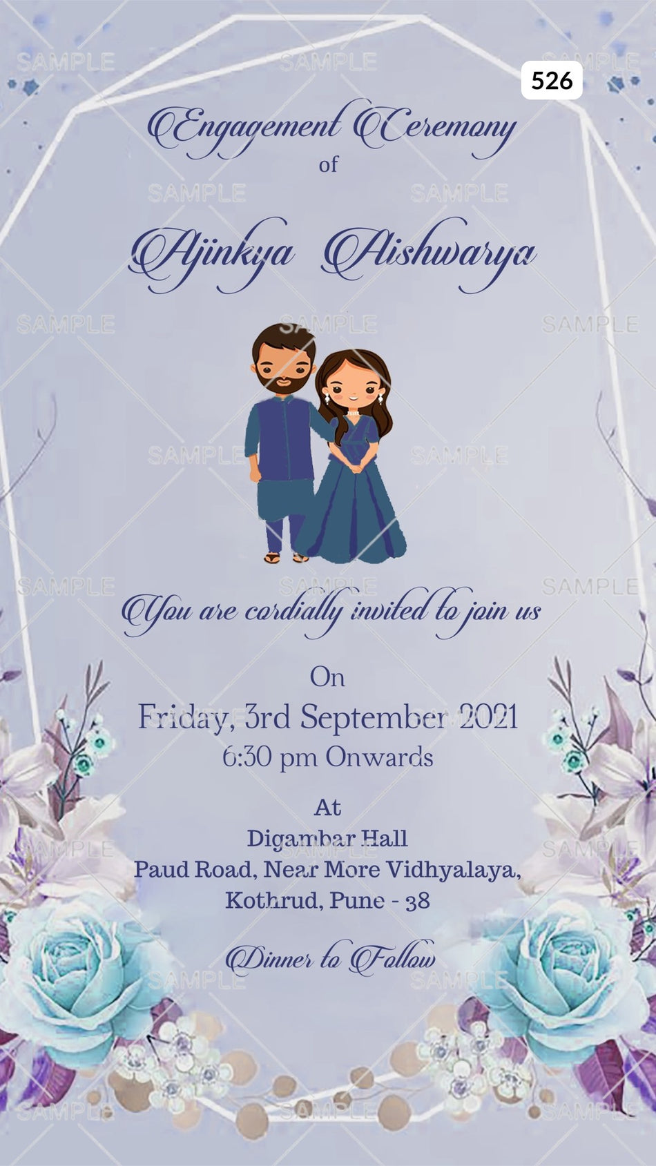Engagement ceremony invitation card Canva Editable Template in english language with couple doodle, frame as floral theme design 526