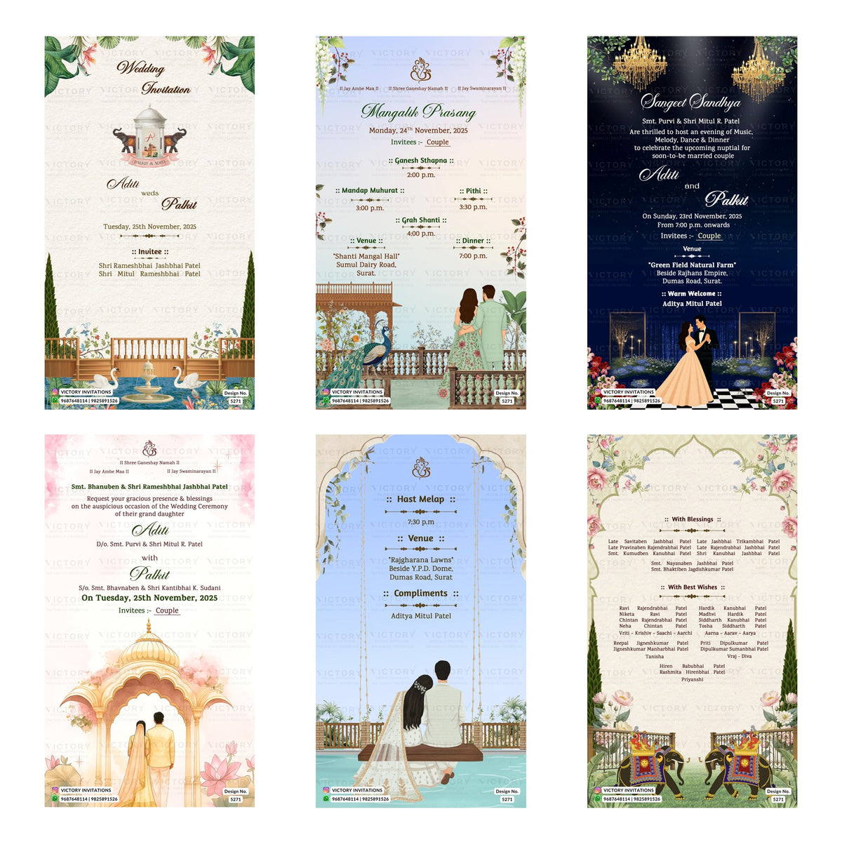 Six wedding invitation card designs arranged in a 2x3 grid, featuring traditional Indian motifs such as peacocks, elephants, palaces, and arches in pastel and dark navy tones.