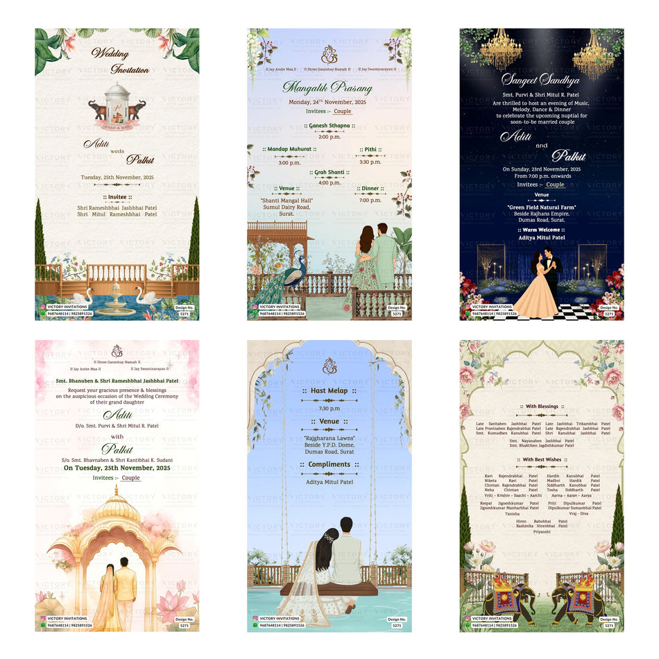 Six wedding invitation card designs arranged in a 2x3 grid, featuring traditional Indian motifs such as peacocks, elephants, palaces, and arches in pastel and dark navy tones.