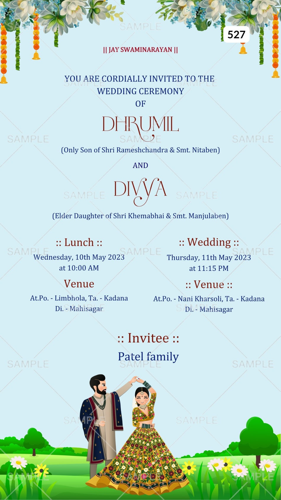 Wedding ceremony invitation card Canva Editable Template of hindu gujarati patel family in english language with  Garden theme design 527