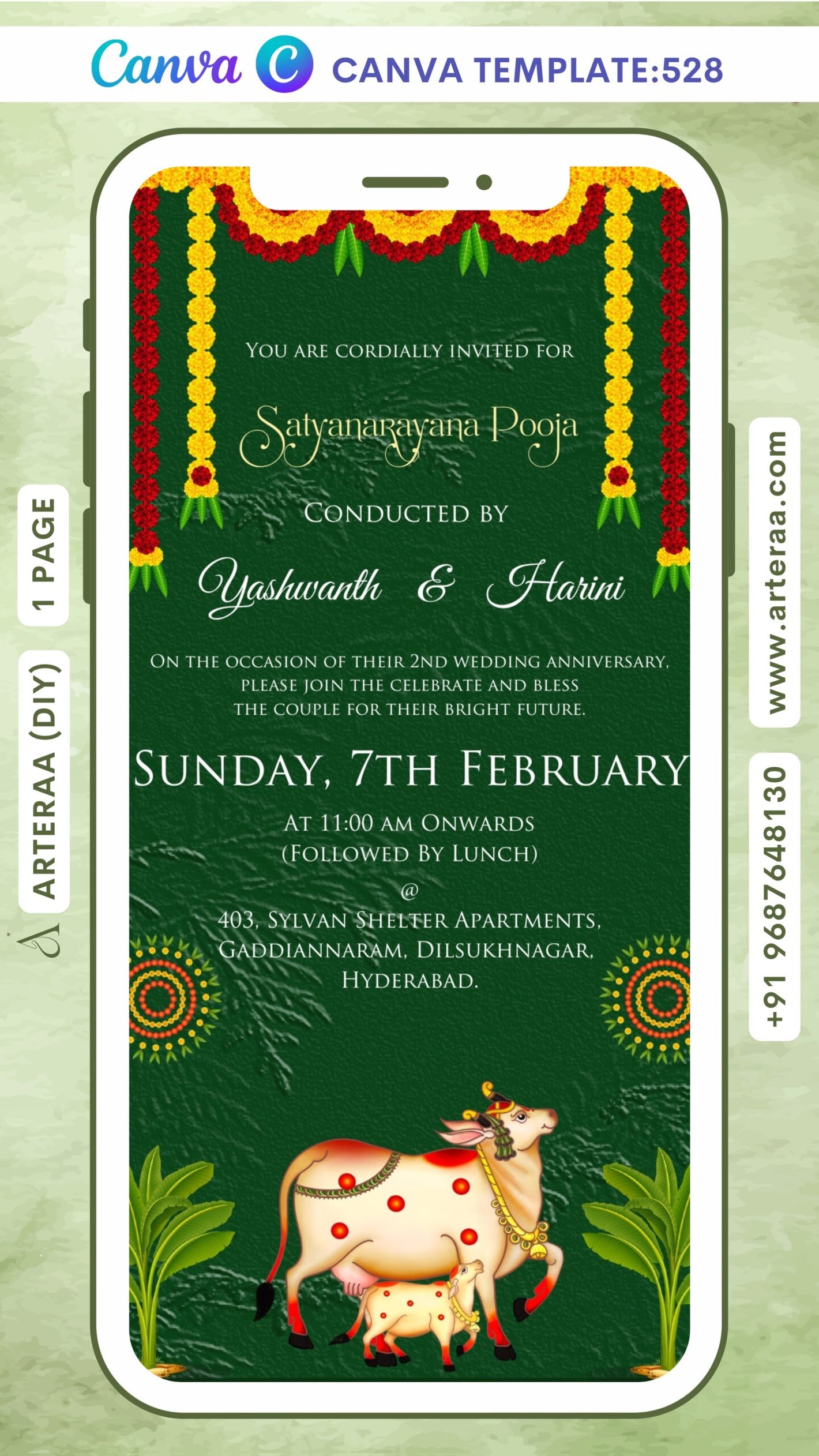 Satyanarayan Pooja Ceremony invitation card Canva Editable Template in english language with cow, marigold garland as traditional theme design 528