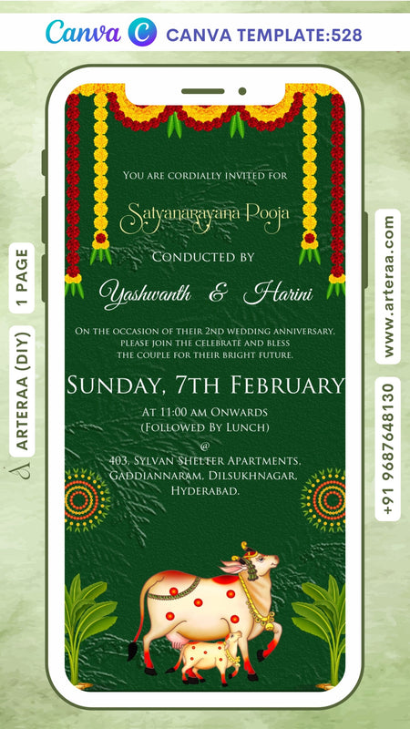 Satyanarayan Pooja Ceremony invitation card Canva Editable Template in english language with cow, marigold garland as traditional theme design 528