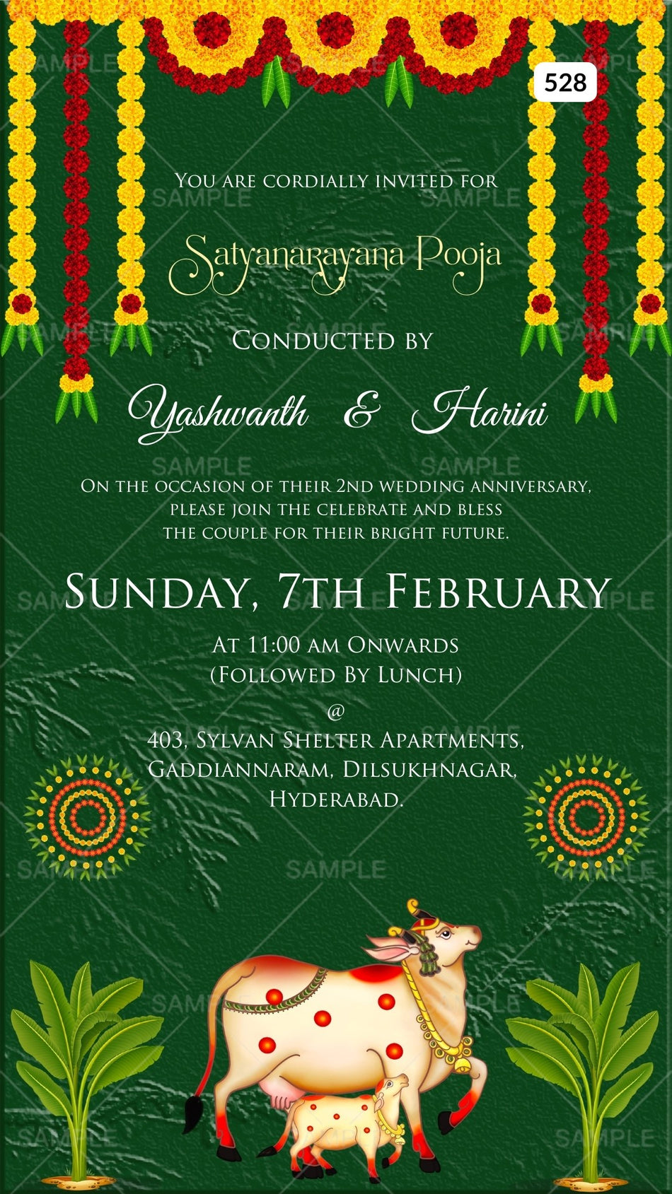 Satyanarayan Pooja Ceremony invitation card Canva Editable Template in english language with cow, marigold garland as traditional theme design 528