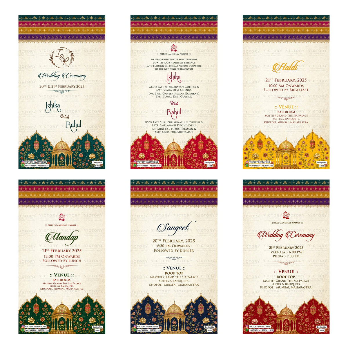A 6-card digital Indian wedding invitation set featuring ornamental Rajasthani arch motifs, royal jharokha patterns, rich gold text, and event cards for Haldi, Mandap, Sangeet, and Wedding Ceremony.