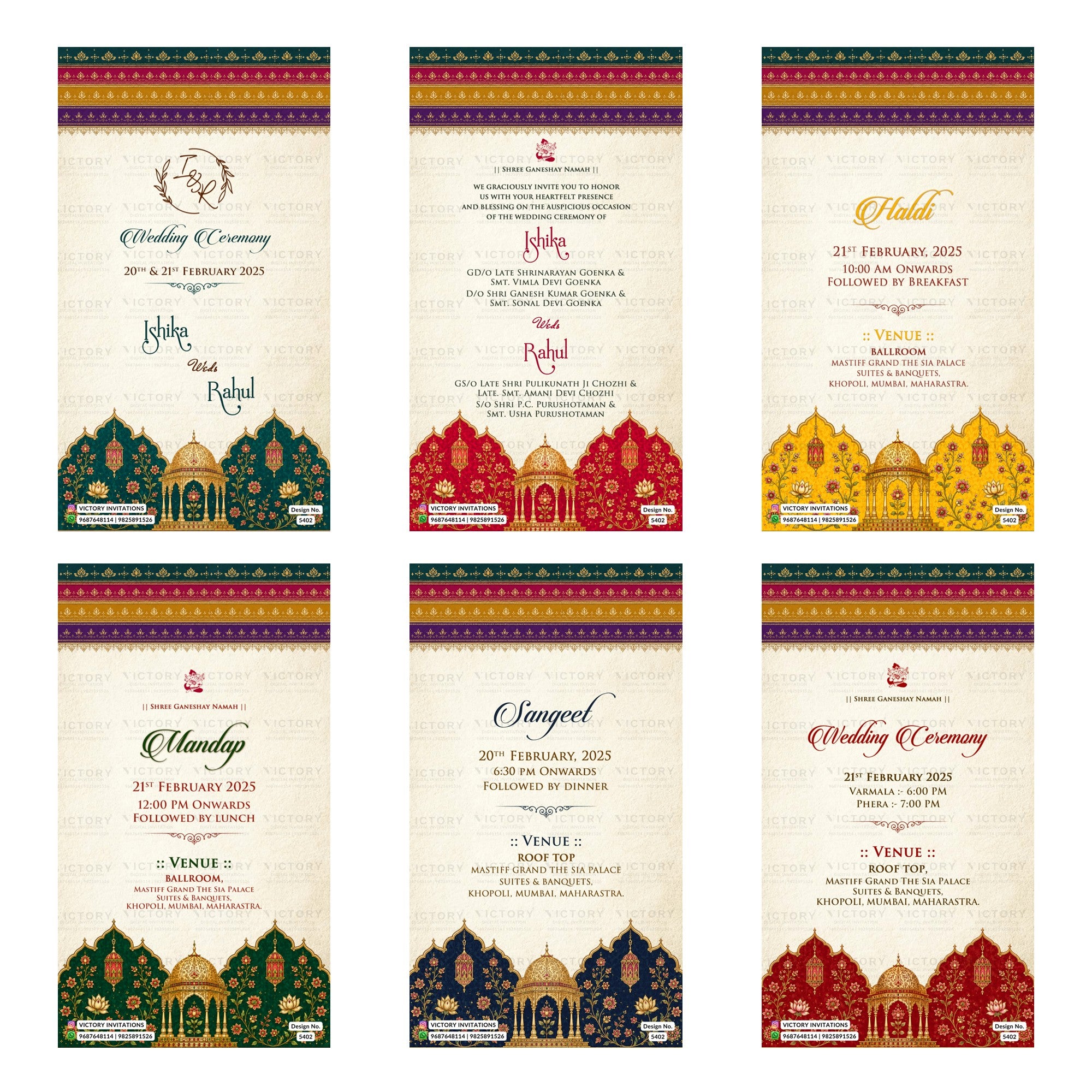 A 6-card digital Indian wedding invitation set featuring ornamental Rajasthani arch motifs, royal jharokha patterns, rich gold text, and event cards for Haldi, Mandap, Sangeet, and Wedding Ceremony.