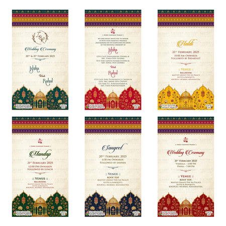 A 6-card digital Indian wedding invitation set featuring ornamental Rajasthani arch motifs, royal jharokha patterns, rich gold text, and event cards for Haldi, Mandap, Sangeet, and Wedding Ceremony.