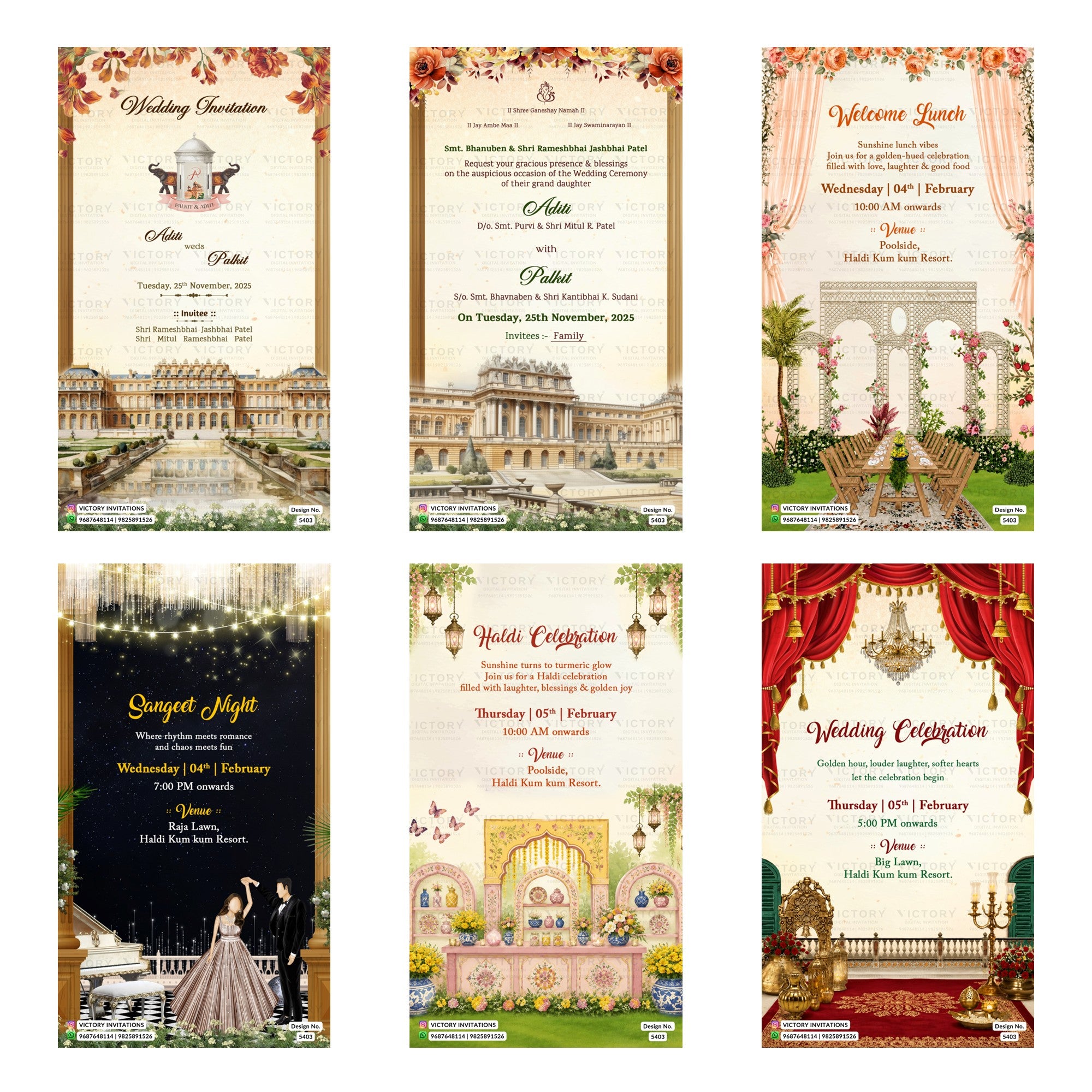 A 6-card digital Indian wedding invitation set featuring palace architecture illustrations, royal floral arches, romantic couple artwork, and event cards for Welcome Lunch, Sangeet Night, Haldi Celebration, and Wedding Celebration.