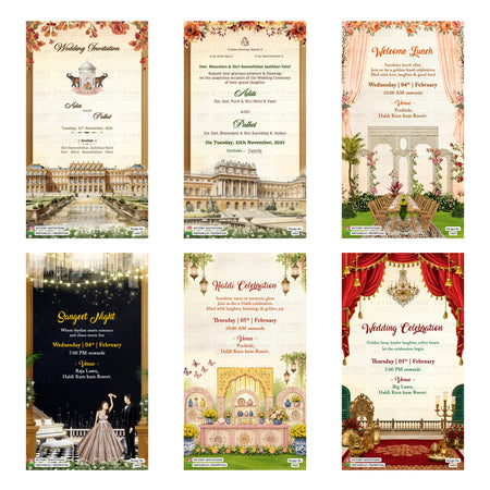 A 6-card digital Indian wedding invitation set featuring palace architecture illustrations, royal floral arches, romantic couple artwork, and event cards for Welcome Lunch, Sangeet Night, Haldi Celebration, and Wedding Celebration.