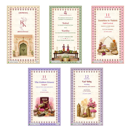 A 5-card digital Indian wedding invitation set featuring block print patterned borders in beige, green, pink, purple, and lavender, with event graphics for Haldi, Sangeet, and Wedding.