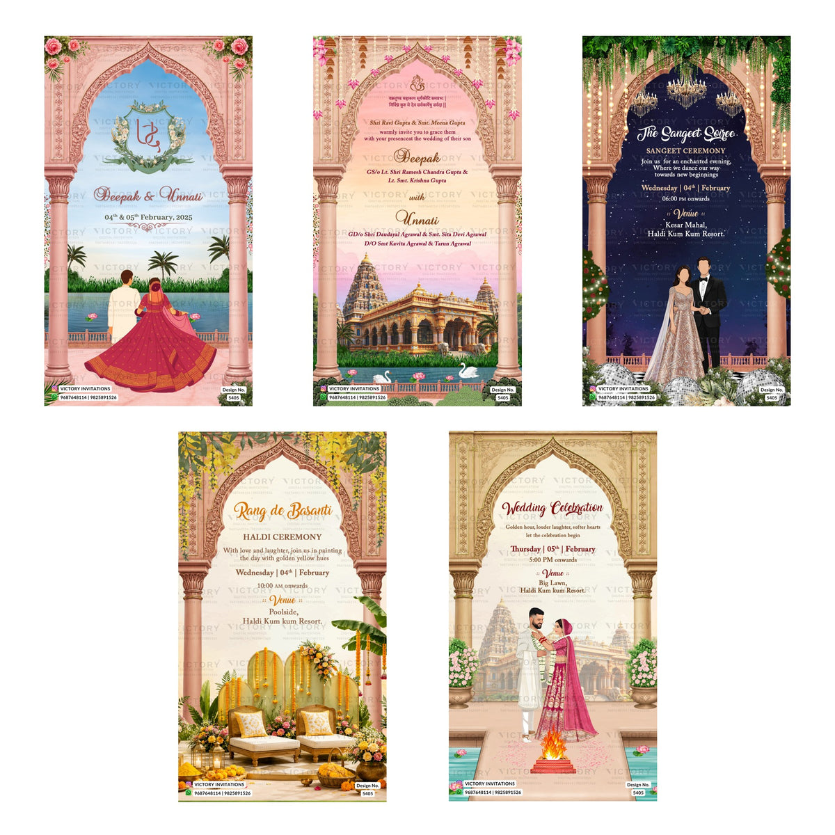 Five wedding invitation card designs arranged in a 2x3 grid, each featuring an ornate pink and gold arch, traditional Indian motifs, and illustrations of couples in wedding attire.