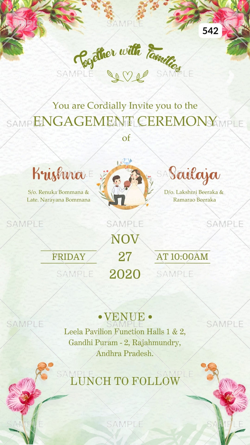 Engagement ceremony invitation card Canva Editable Template in english language with leaves, couple doodle as floral theme design 542