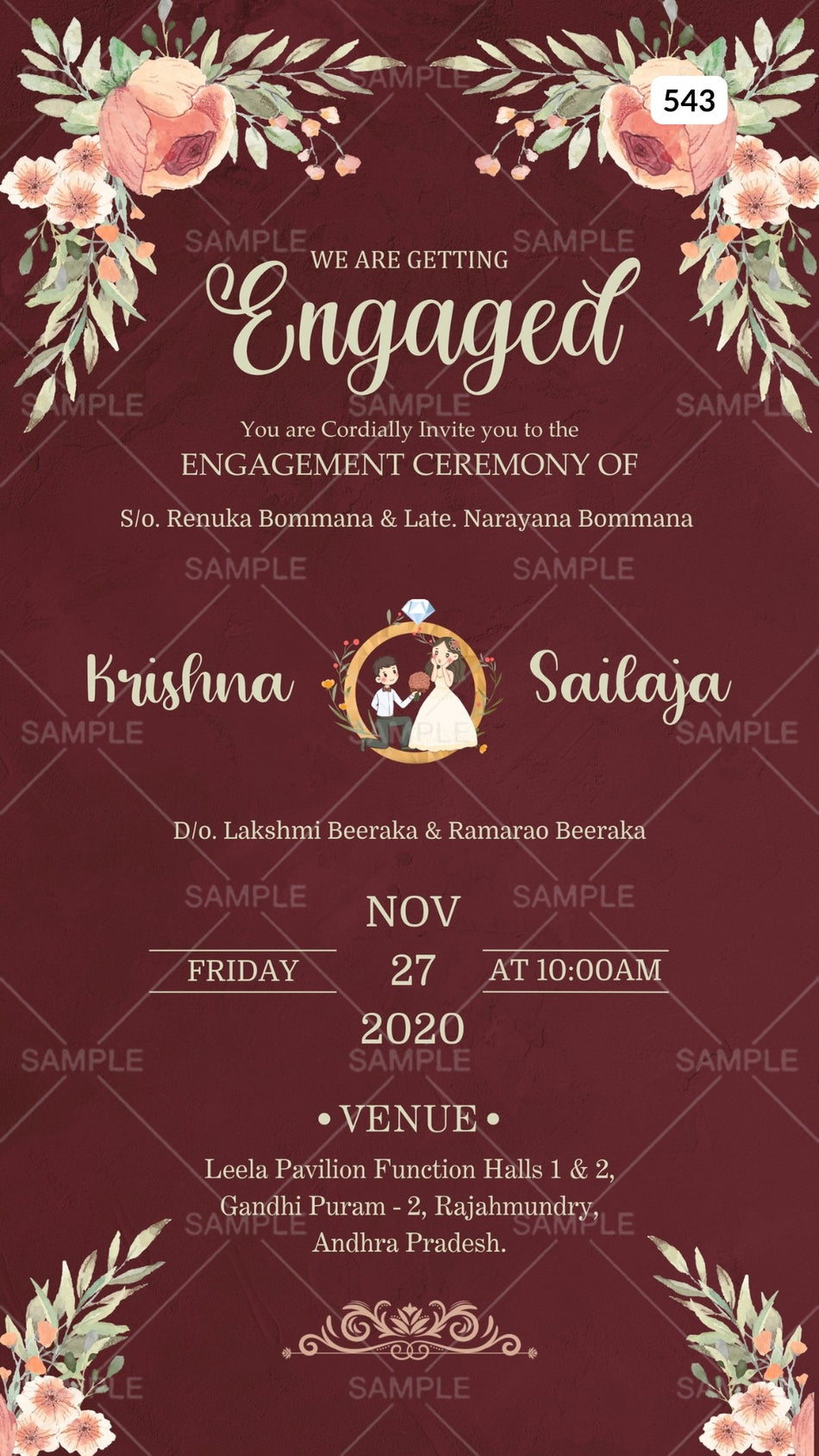 Engagement ceremony invitation card Canva Editable Template in english language with flowers, leaves as minimalistic theme design 543