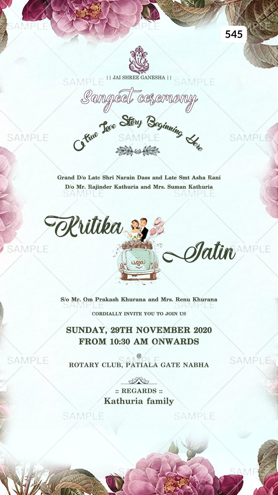 Sangeet Sandhya Ceremony invitation card Canva Editable Template in english language with flowers, couple doodle as floral theme design 545