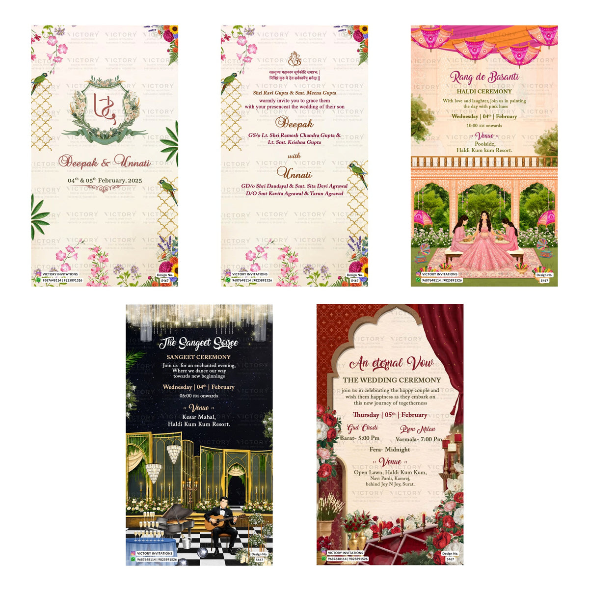 A 5-card digital Indian wedding invitation set featuring custom monograms, parrot motifs, poolside Haldi setup, ballroom Sangeet artwork, and event cards for Rang de Basanti Haldi, Sangeet Soiree, and The Wedding Ceremony.