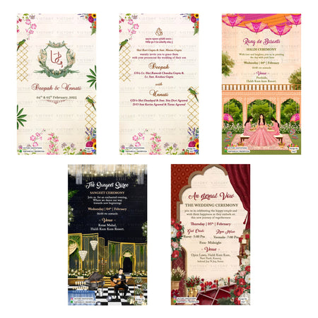 A 5-card digital Indian wedding invitation set featuring custom monograms, parrot motifs, poolside Haldi setup, ballroom Sangeet artwork, and event cards for Rang de Basanti Haldi, Sangeet Soiree, and The Wedding Ceremony.