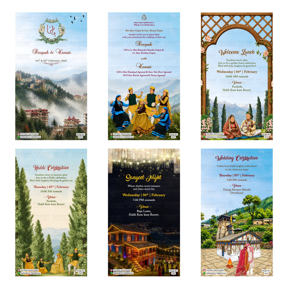 A 6-card digital wedding invitation set featuring Pahadi Himalayan mountain landscape illustrations, traditional Pahadi couple artwork, floral monograms, and event cards for Welcome Lunch, Haldi, Sangeet, and Wedding Celebration.