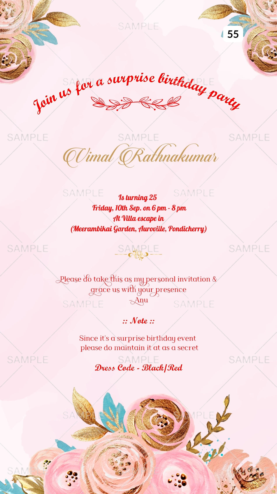Digital Birthday Party Invitation Of South Indian Family In English Language With Pastel Floral Theme Canva Editable Template Design no - 55