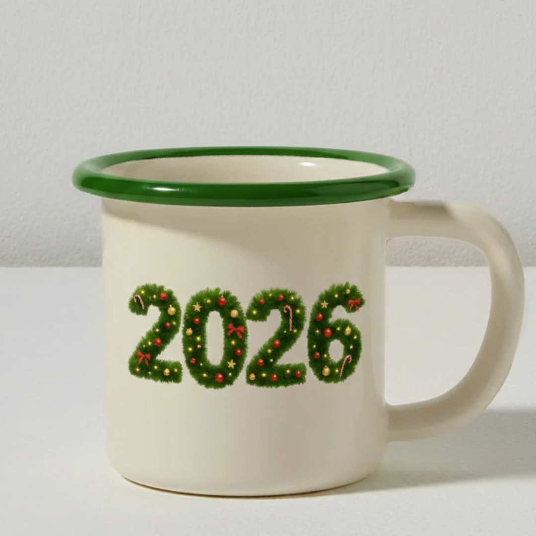 Mug with '2026' in festive design on a plain background