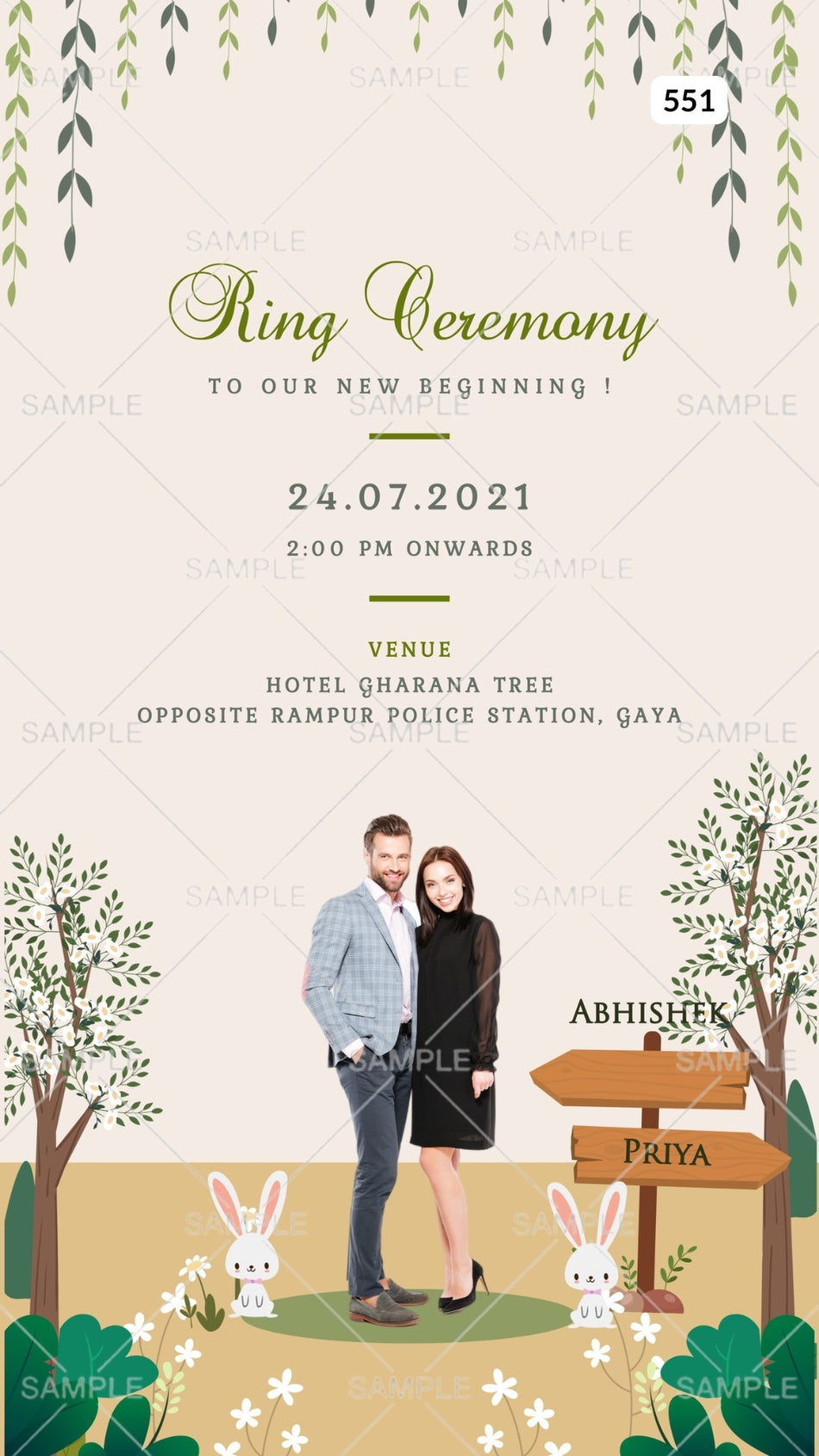 Engagement ceremony invitation card Canva Editable Template in english language with leaves, tree, rabbit, wooden board as couple photo theme design 551