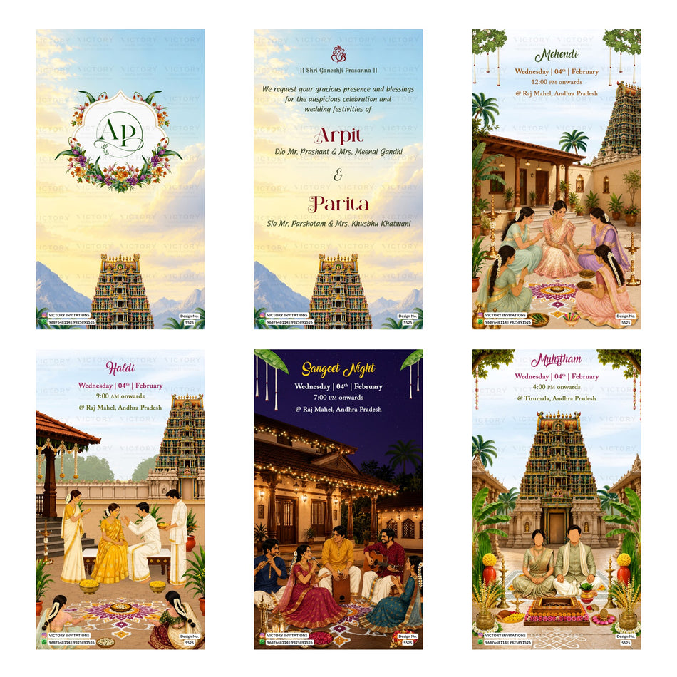 A 6-card digital South Indian wedding invitation set featuring traditional temple backdrop illustrations, floral monograms, and event details for Mehendi, Haldi, Sangeet Night, and Muhurtham.