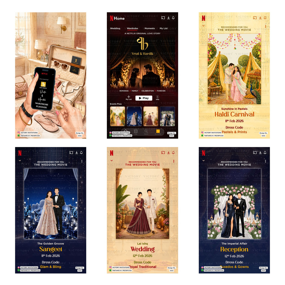 Netflix themed Indian wedding digital invitation card design showcasing Sangeet, Haldi, Wedding, and Reception templates with custom dress codes.
