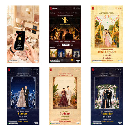 Netflix themed Indian wedding digital invitation card design showcasing Sangeet, Haldi, Wedding, and Reception templates with custom dress codes.
